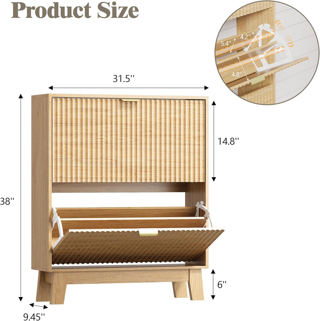 Shoe Cabinet Storage for Entryway with 2 Flip Drawers, Fluted Narrow