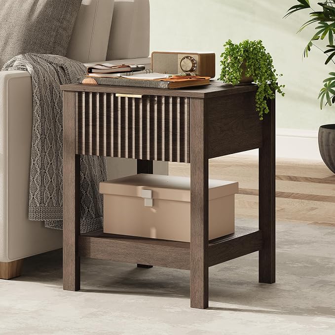 Fluted Night Stand with Golden Handle, Mid-Century Nightstands with Drawer by TROJMHome