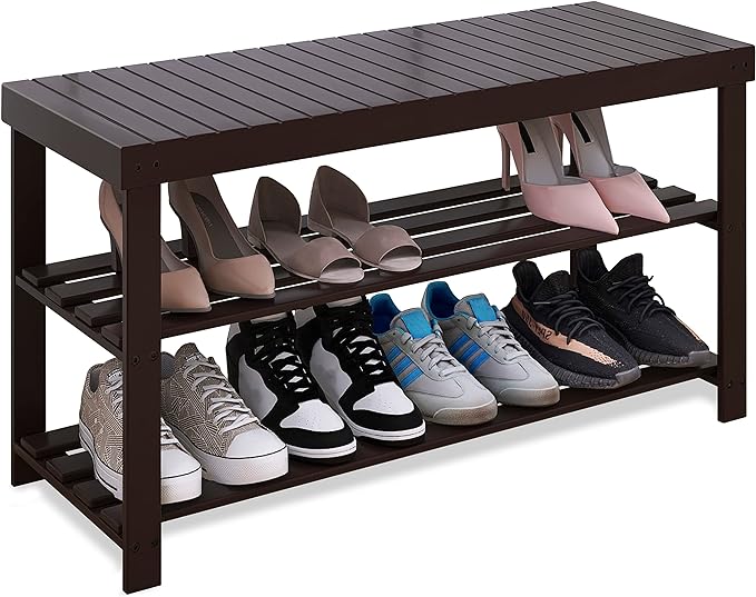SMIBUY Sturdy Bamboo Shoe Rack Bench, 3-Tier Shoe Organizer, Storage Shelf by SMIBUY