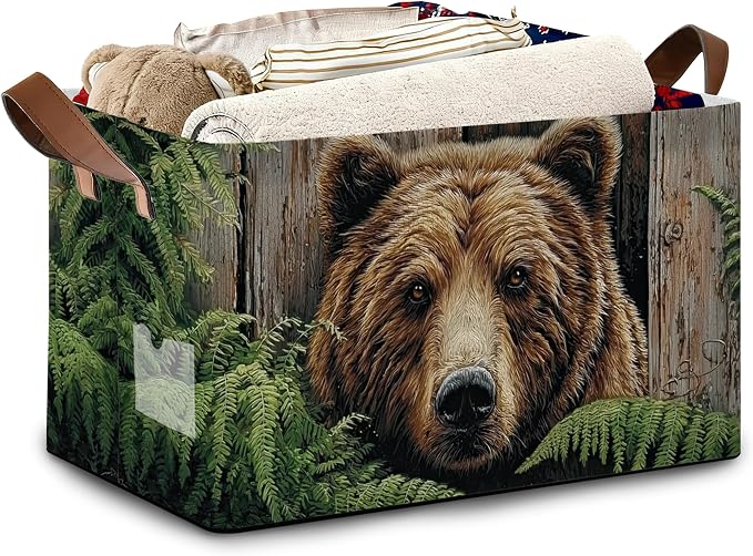 Vintage Bear Wooden Storage Baskets, Ferns Plants Foldable Large Capacity by Unknown