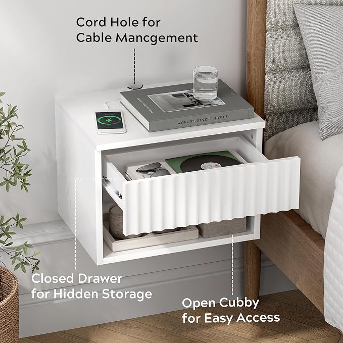 Small Floating Nightstand with Drawer, Modern Night Stand with Fluted Door and - Image 4