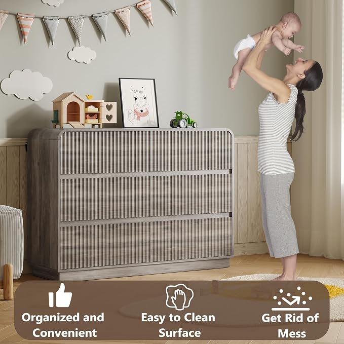 Dresser for Bedroom with 6 Drawers, Fluted Chest of Drawers with Round Curved - Image 5