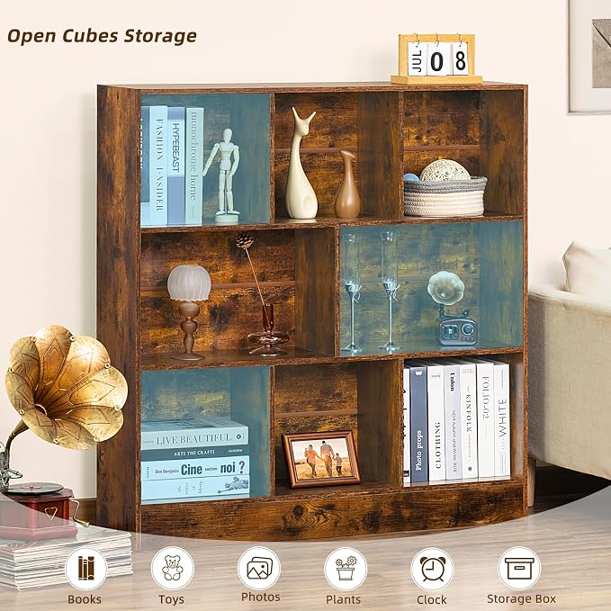 LEYAOYAO 8 Cube Bookshelf with Base, 3 Tier Mid-Century Modern Brown Bookcase - Image 3
