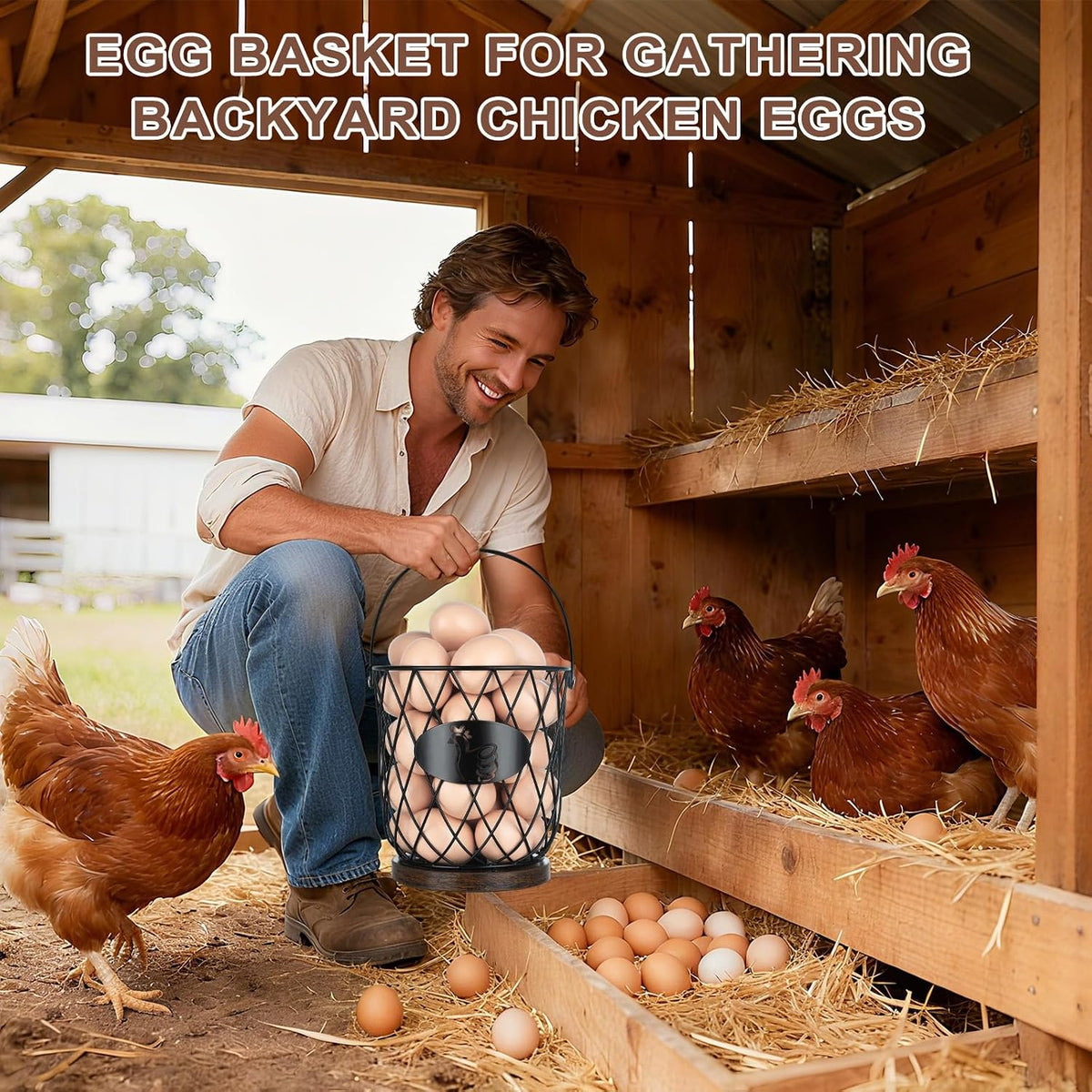 Round Egg Basket for Gathering Fresh Eggs, Metal