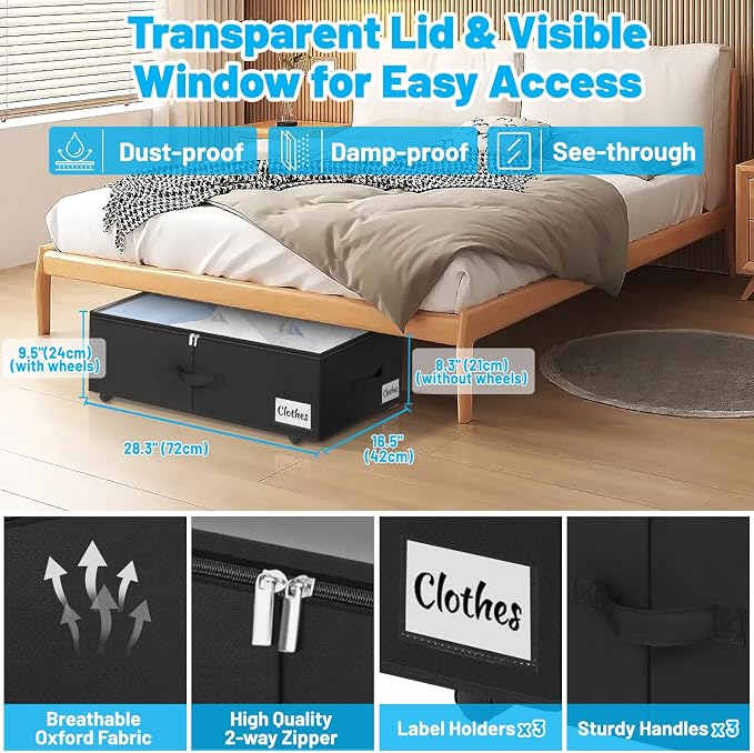Under Bed Storage with Wheels, Quick Assembly Underbed Shoe Storage Containers - Image 3