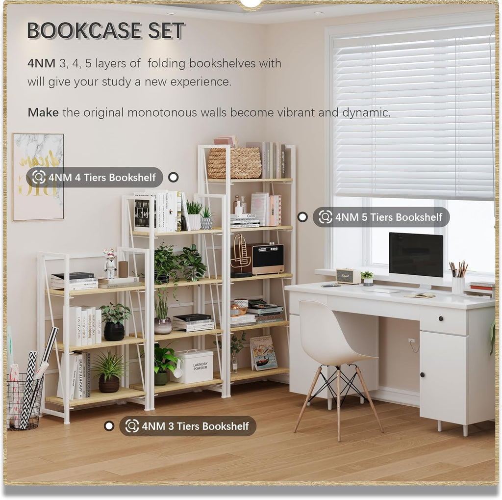 No Assembly Folding Bookshelf Storage Shelves 3 Tier Vintage Bookcase