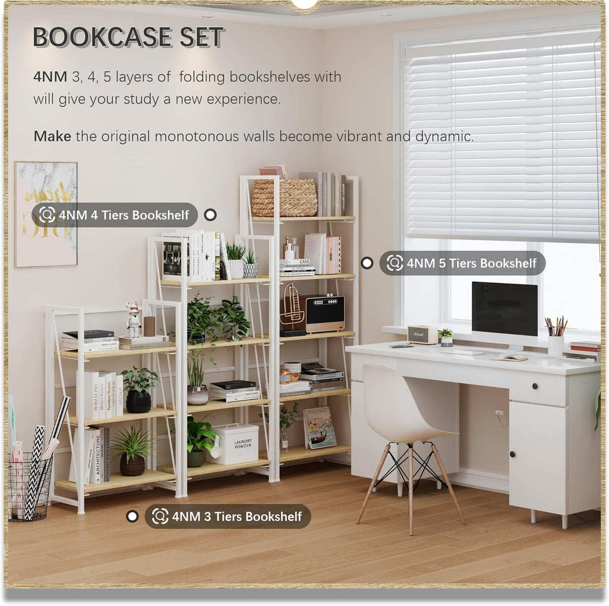 No Assembly Folding Bookshelf Storage Shelves 3 Tier Vintage Bookcase