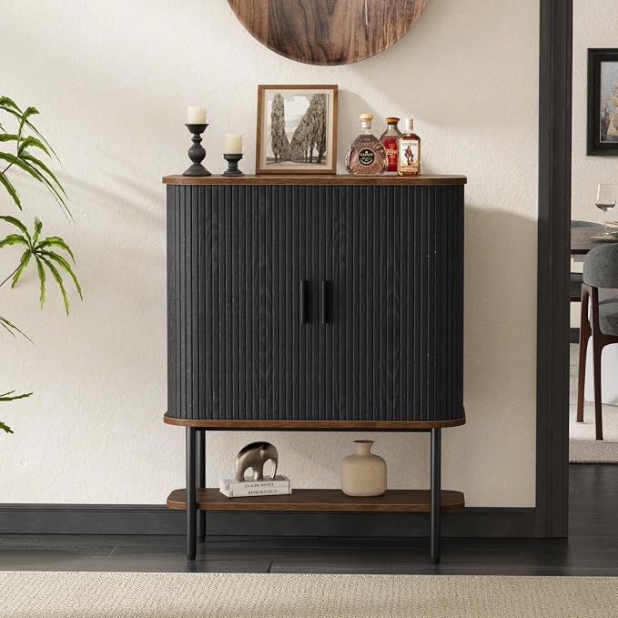 Black Coffee Bar Cabinet with Storage, Fluted Wine Liquor Cabinet with Sliding - Image 8