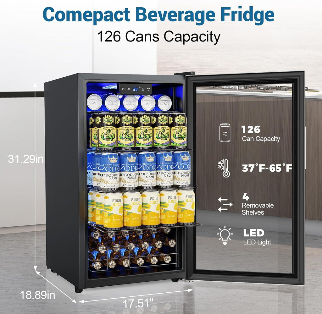 Mini Beverage Refrigerator 3.2 Cu. Ft Small Fridge 126 Can Lockable