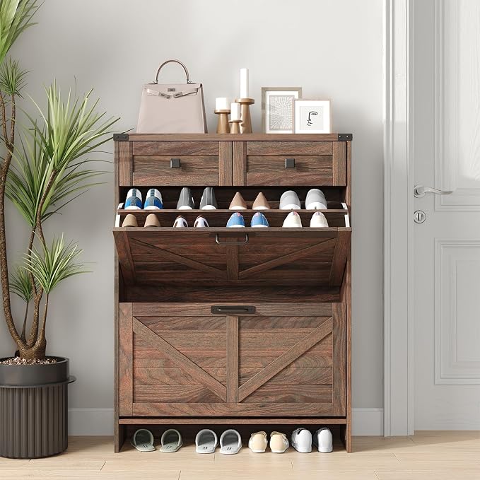 Shoe Cabinet with 2 Flip Drawers & 2 Drawers, Farmhouse Shoe Storage Cabinet - Image 9