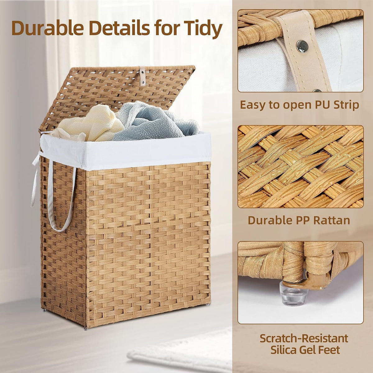 Woven Laundry Hamper with Lid, Large Rattan Clothes Hamper with