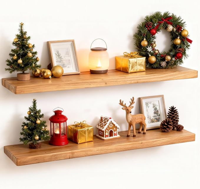 Floating Shelves 30" W x 8" D, Solid Elm Wood Shelves by FunMemories