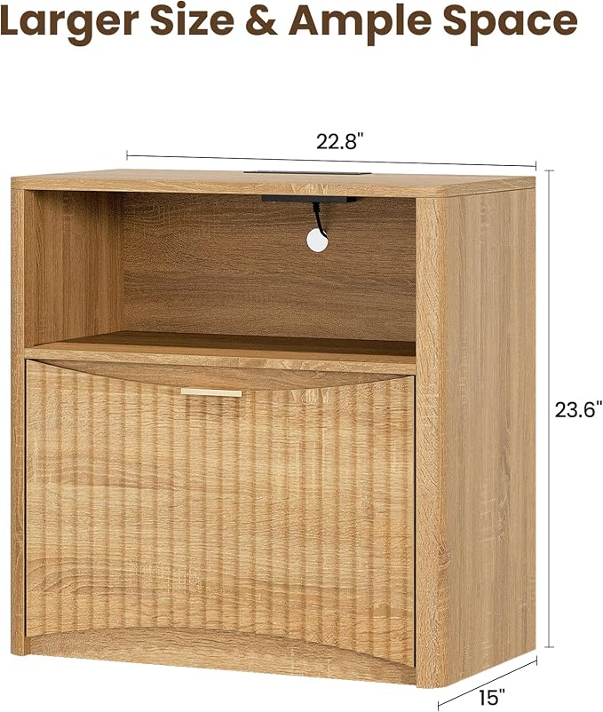 Night Stand with Charging Station, Modern Bedside Table with Drawer & Open - Image 2