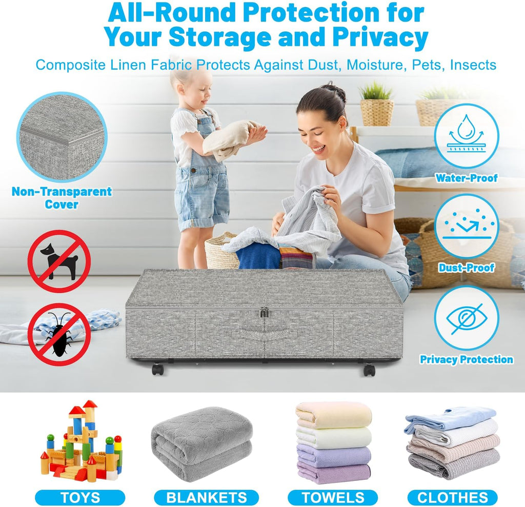 Large Sturdy Under Bed Storage with Wheels, 2 Pack 50L Rolling