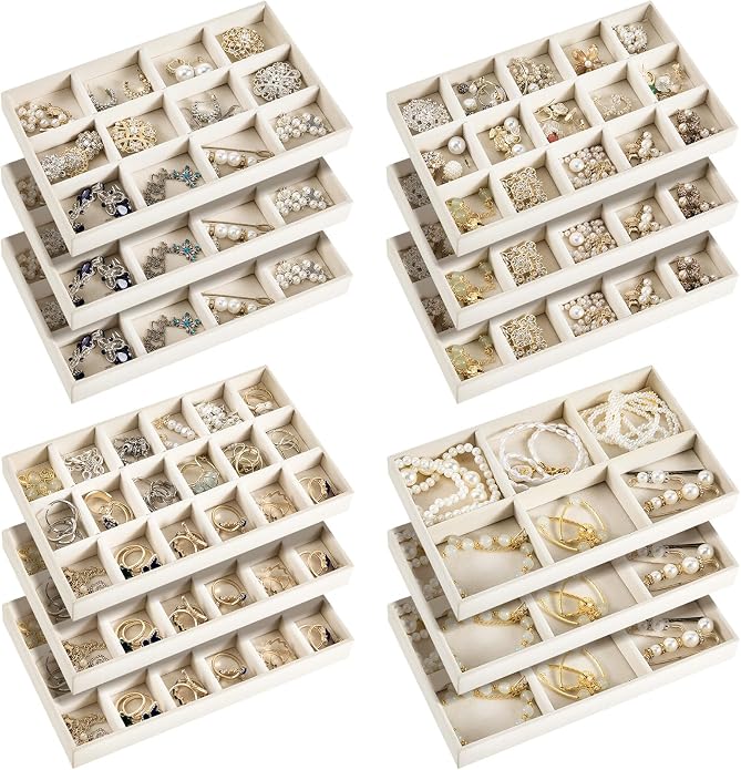 Junkin 12 Pcs Jewelry Tray Velvet Stackable Jewelry Organizer Trays Divided by Junkin