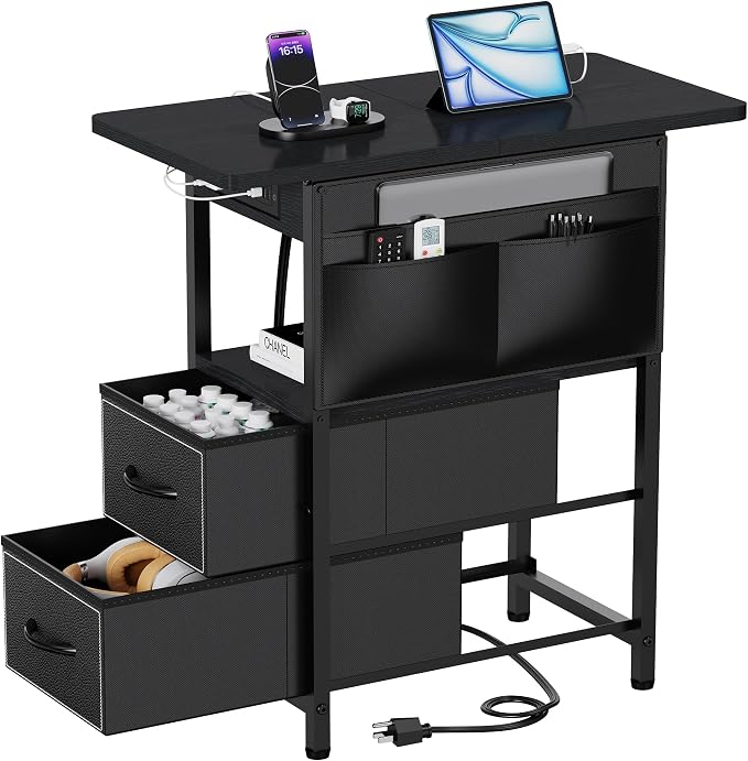Small Side Table with Charging Station, Narrow Nightstand Bedside Tables with by CREATEDFORSMARTHOMES