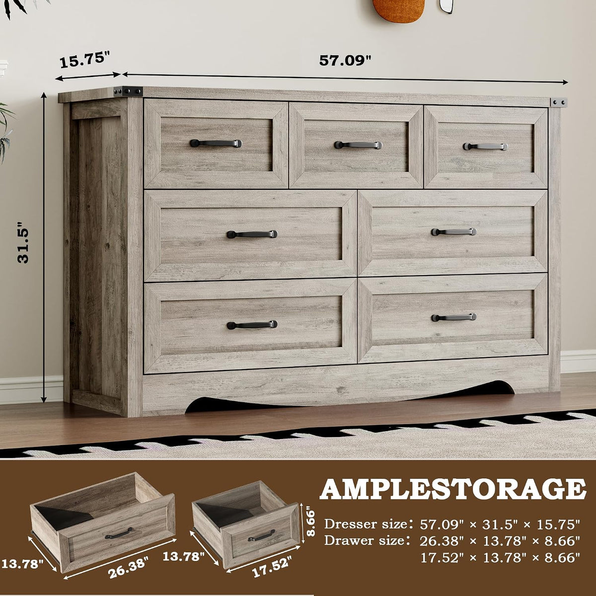 BORNOON 7-Drawer Dresser for Bedroom, Modern Wooden Chest of Drawers
