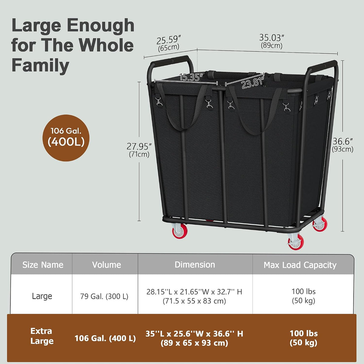 Hoctieon 2 Section Laundry Sorter Cart, 400L Rolling Hamper with