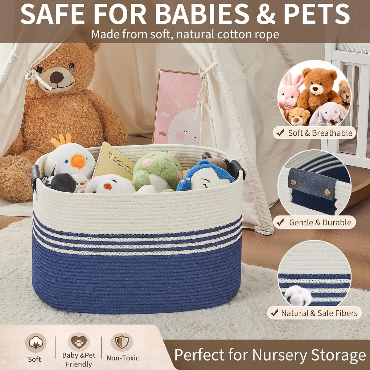 DOFASAYI Laundry Hamper, 72L Cotton Rope Laundry Basket, Dark Blue &