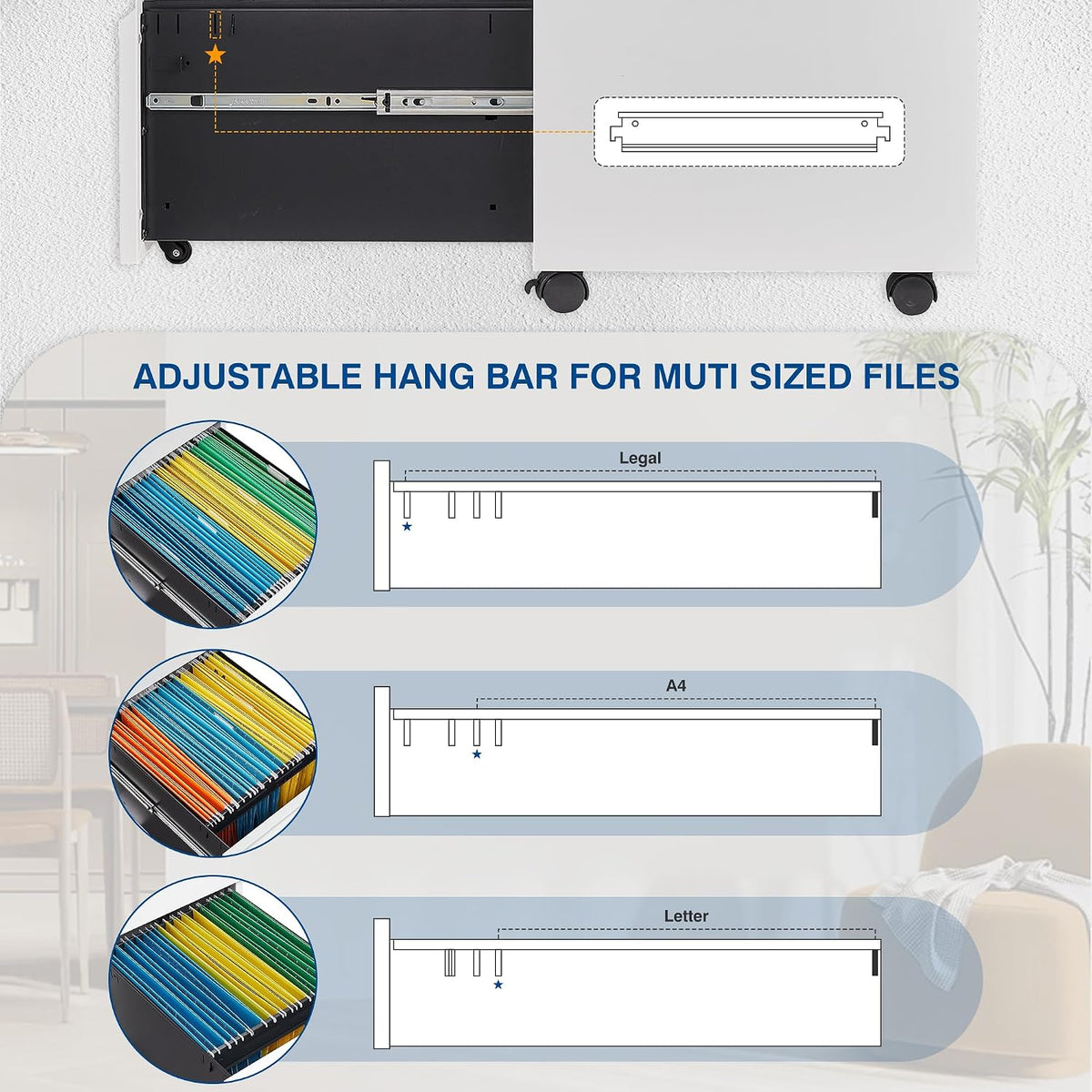 3 Drawer Mobile Metal File Cabinet, White Filling Cabinets with Lock