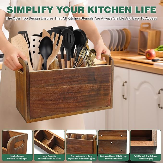 Acacia Wood Utensil Holder Kitchen Utensil Holder - Image 4