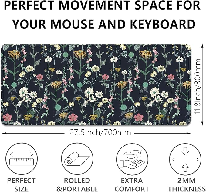 Dark Botanical Flowers Mouse Pad, Extended Black Plant Floral Mousepad Desk Pad - Image 3