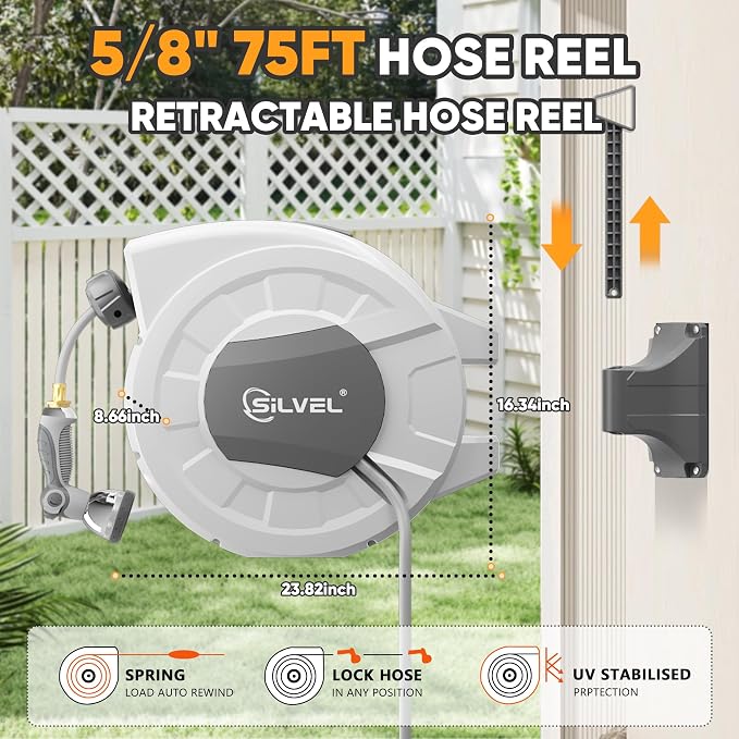 SILVEL Retractable Garden Hose Reel, 1/2 in x 75ft Wall Mount Heavy Duty - Image 5