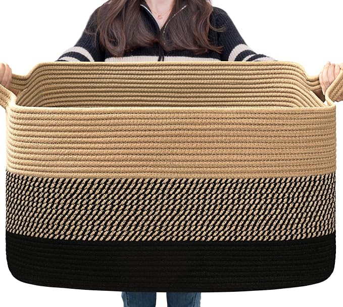 Goodpick Woven Blanket Basket, 21.6" x 14.9" x 11.8" Wicker Laundry Basket by Goodpick