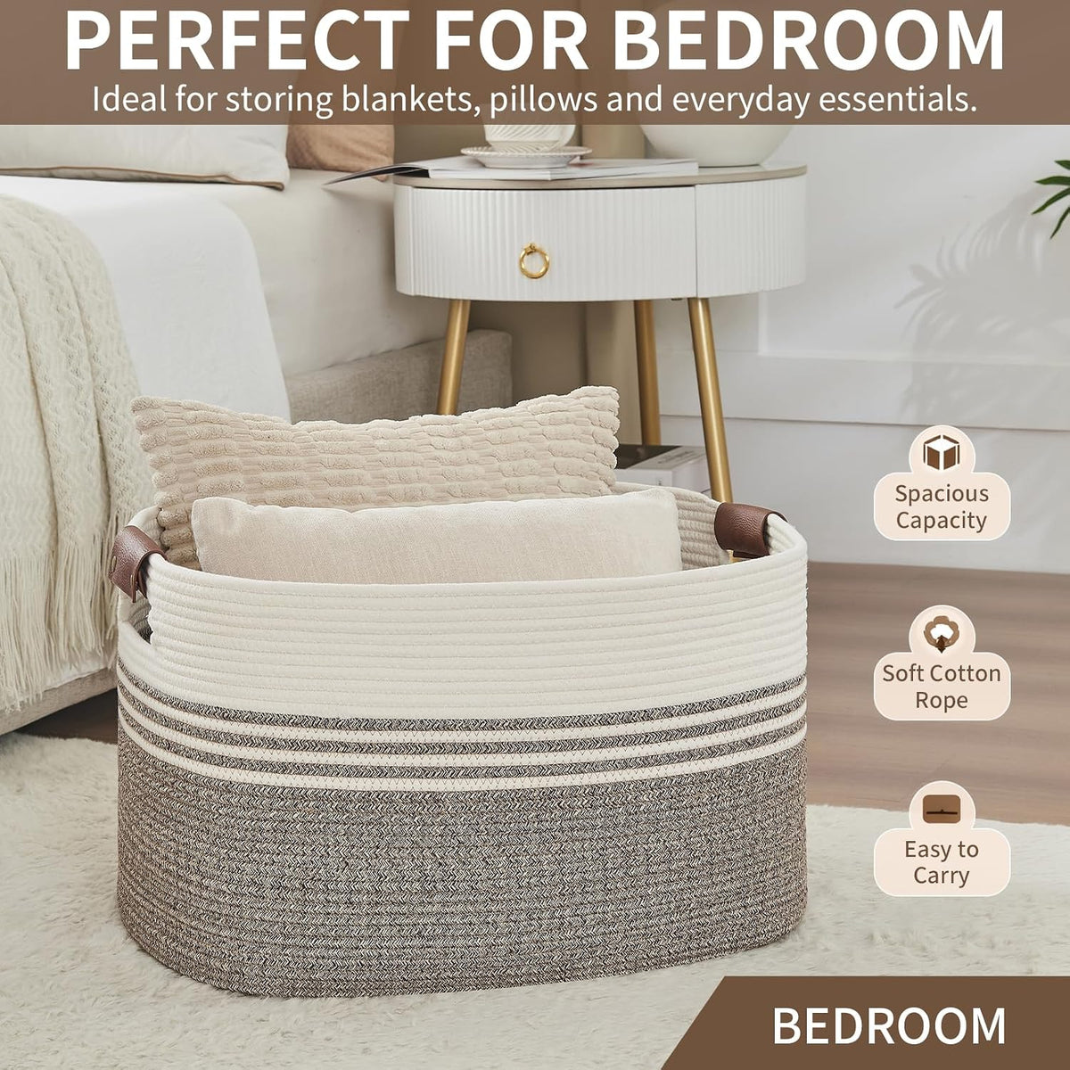 Laundry Hamper with Handles, 72L Rope Laundry Basket, Rice Brown &