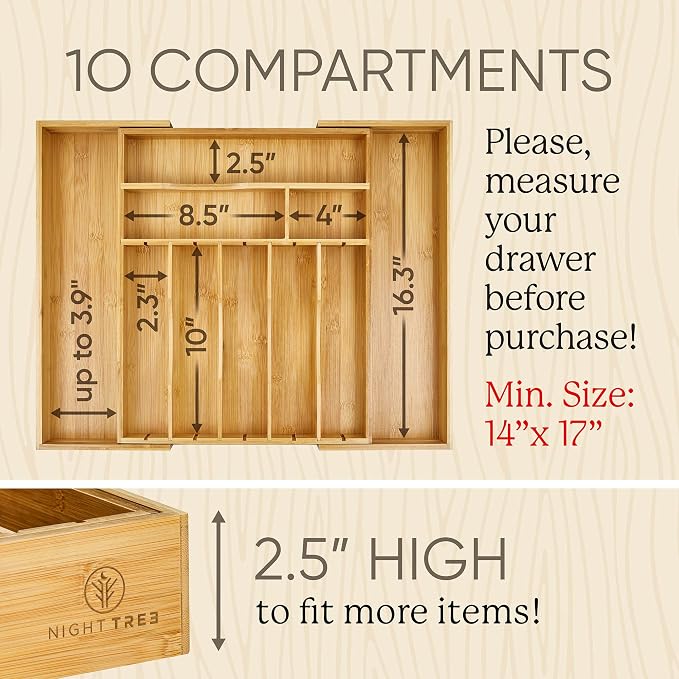 Night Tree Deep Bamboo Drawer Organizer – Expandable Utensil and Silverware Tray - Image 4