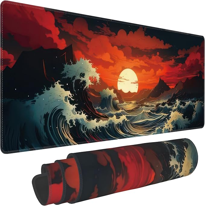Japanese Sea Wave Large Mouse Pad, Gaming Keyboard Desk Pad, Extended Mouse Mat by BAHDSISFA
