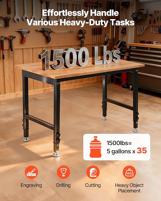 VEVOR Adjustable Workbench, 1500 lbs Capacity, 48 x 24 Inch Oak Wood Top - Image 2