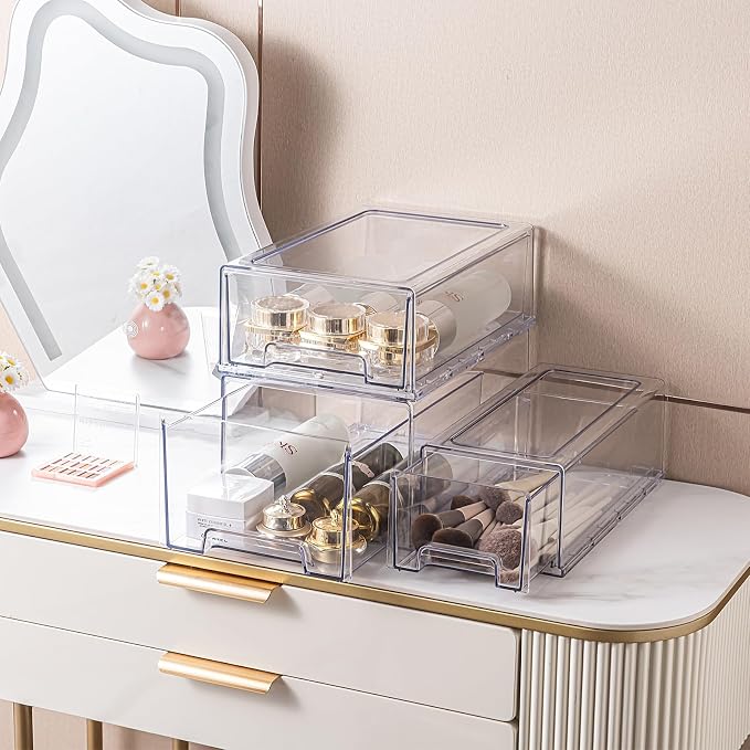 2 Pack Stackable Pull-Out Storage Drawers，Plastic Clear Organizer Bins - Image 4