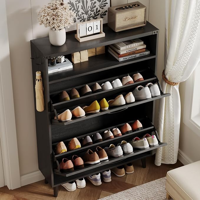 Shoe Cabinet with 2 Flip Drawers & Open Storage, Farmhouse Shoe Storage Cabinet - Image 5