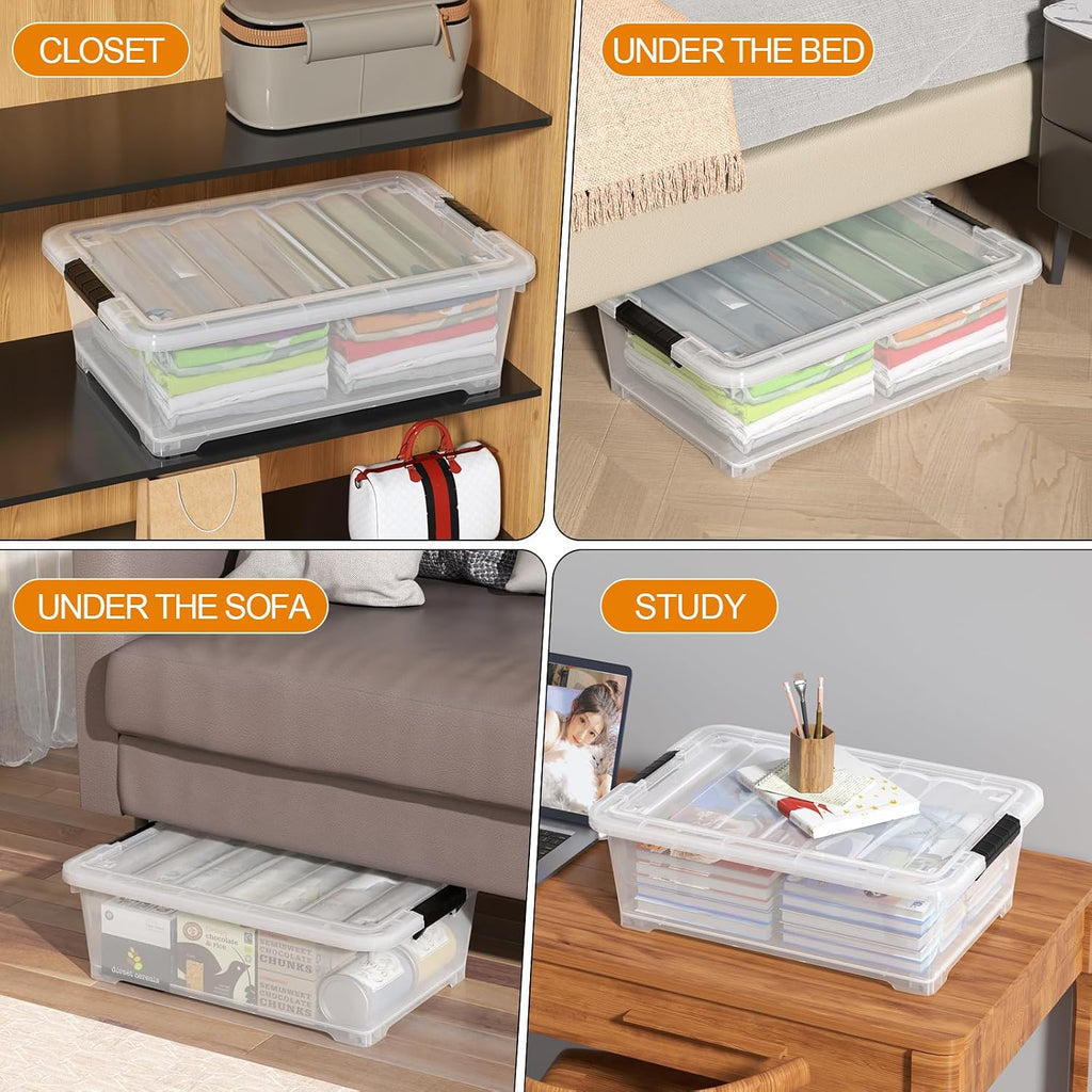 Saedy 4 Packs Plastic Under Bed Shallow Storage Box with Wheels 20 L