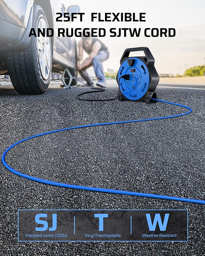 DEWENWILS Cord Reel with 4 Power Outlets, 2-USB Ports, 25FT Retractable - Image 2