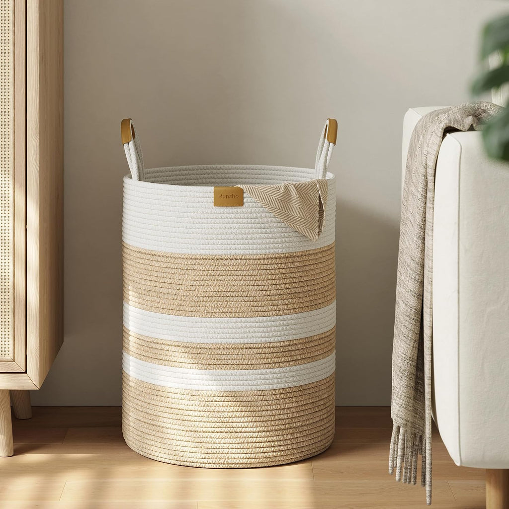 62L Striped Laundry Hamper with Leather Handles,Large Foldable Laundry
