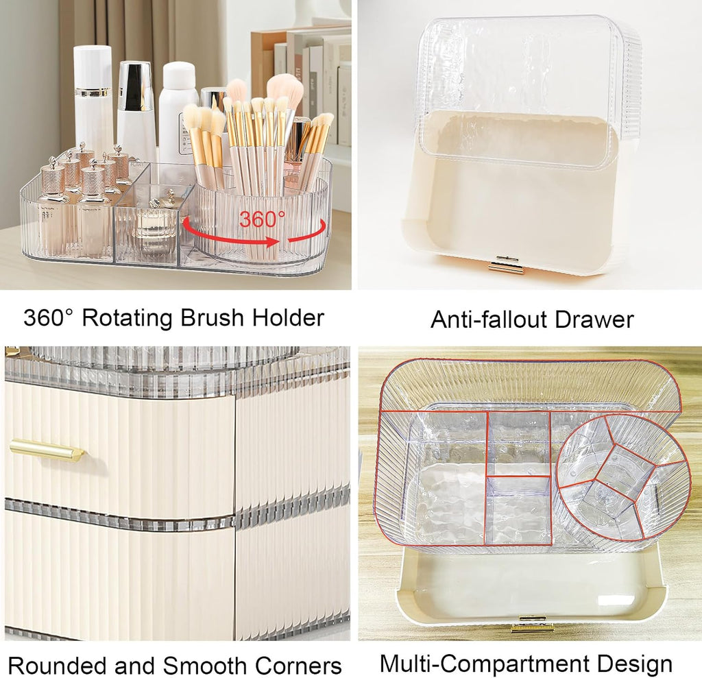 DASITON Makeup Organizer with Drawers and Rotating Makeup Brush