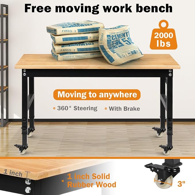 Betterhood 60" Adjustable Workbench on Wheels, Rubber Wood Heavy Duty - Image 5
