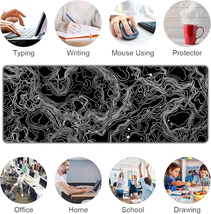 Black with White Topographic Line Large Mouse Pad, Gaming Keyboard Desk Pad - Image 7