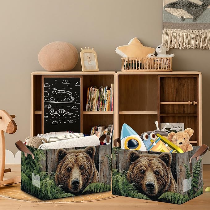 Vintage Bear Wooden Storage Baskets, Ferns Plants Foldable Large Capacity - Image 7