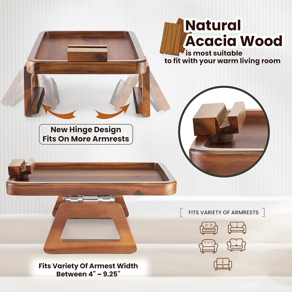 Large Acacia Sofa Arm Tray with Phone Holder, Clip-On Couch Table