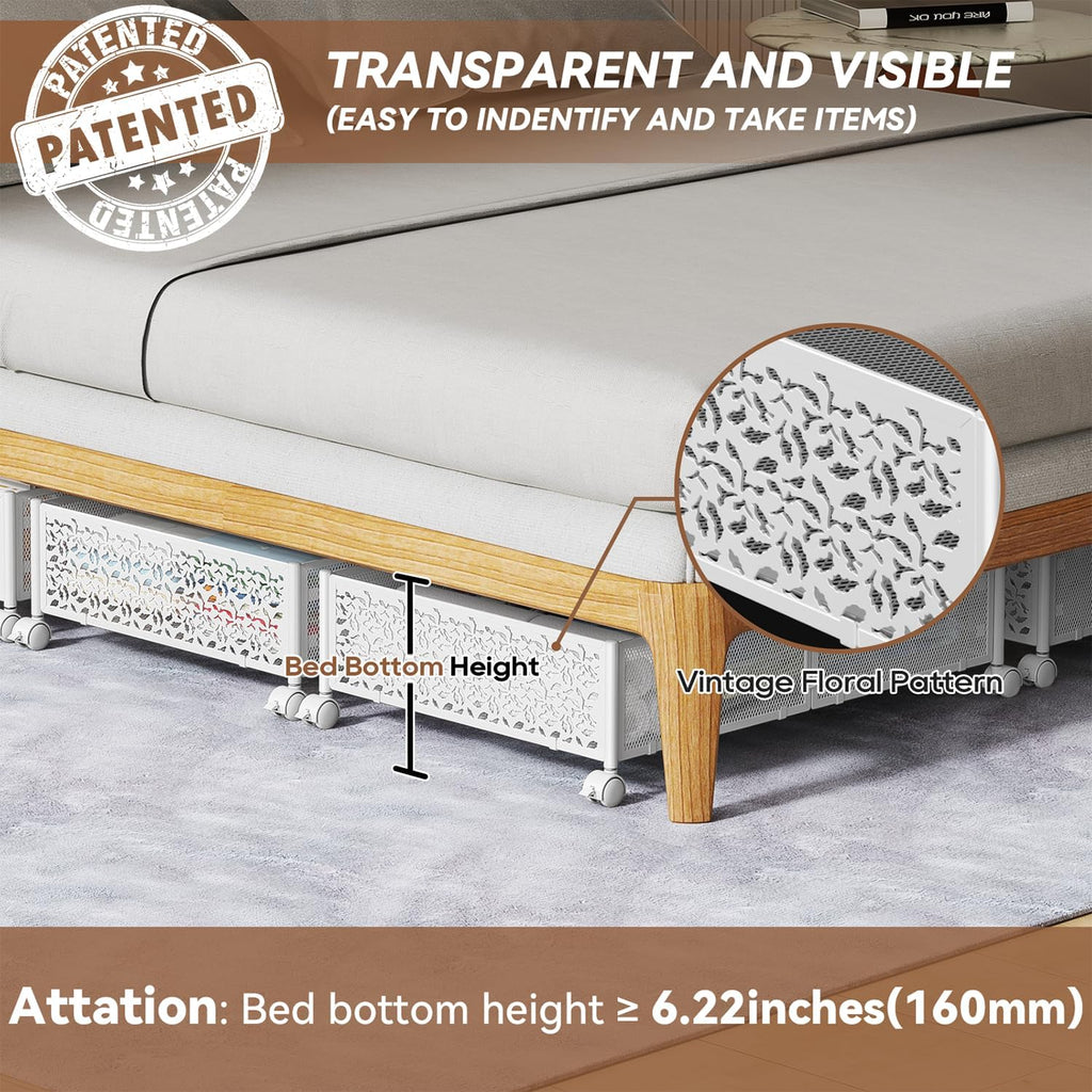 Under Bed Storage Container with Wheels,Patterned,Metal,2 Pack,White