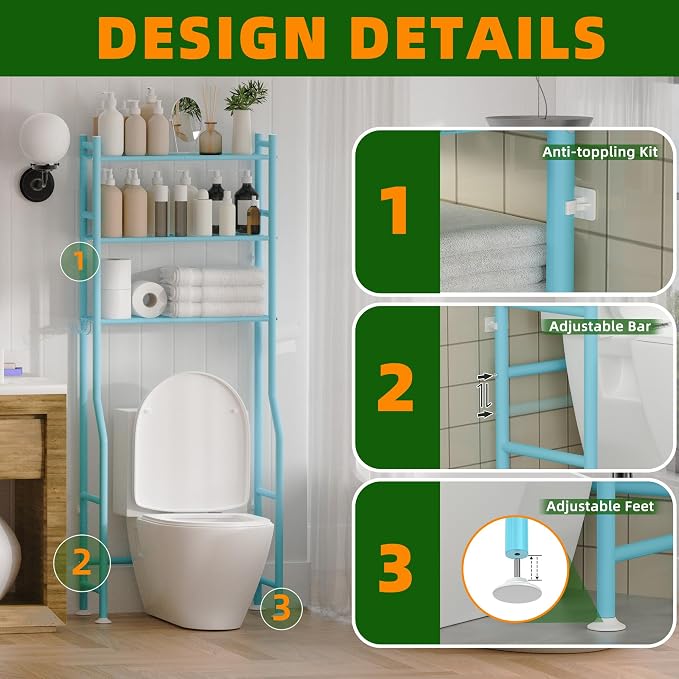 3-Tier Over The Toilet Storage, Space Saver Metal Bathroom Shelves, - Image 4