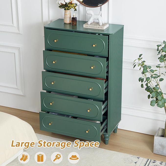 5 Drawer Fluted Dresser for Bedroom Set of 2, Mid Century Modern Chest of - Image 4