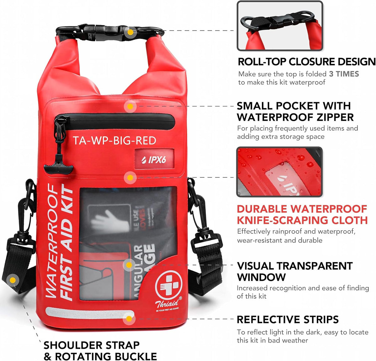 250 PCS Water‐Resistant First Aid Kit, Roll Top Reflective Emergency
