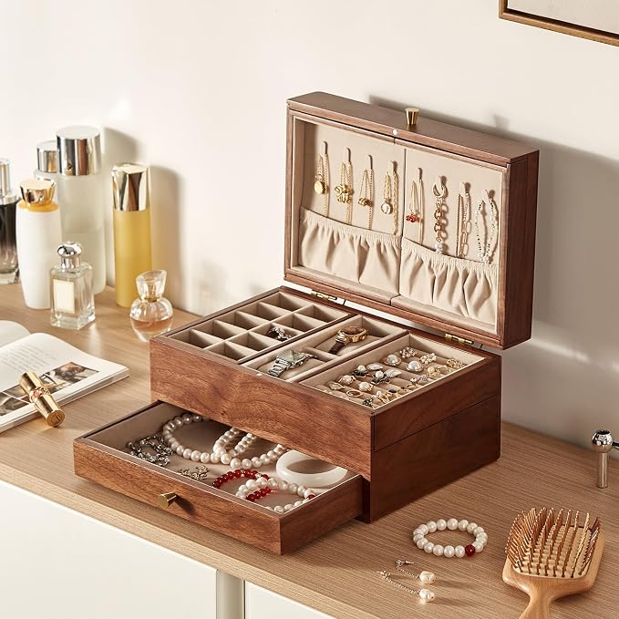 Wooden Jewelry Box for Women, 3 Level Multi-functional Drawers Black Walnut - Image 8