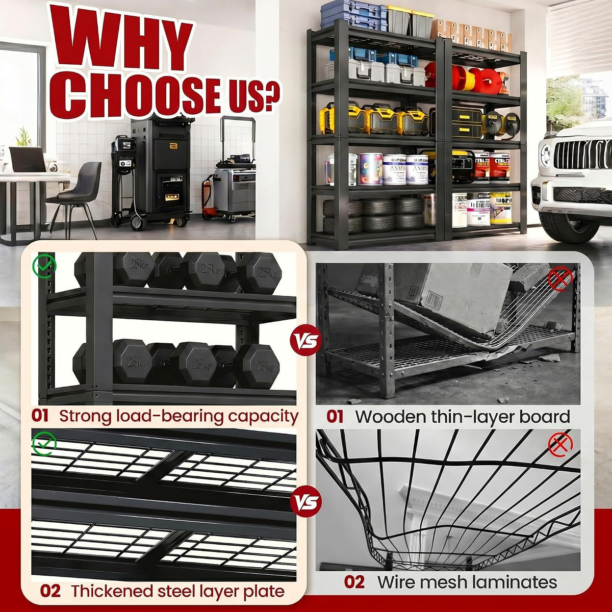 72" H Heavy Duty Garage Shelving, Metal Storage Shelves, 5 Tier