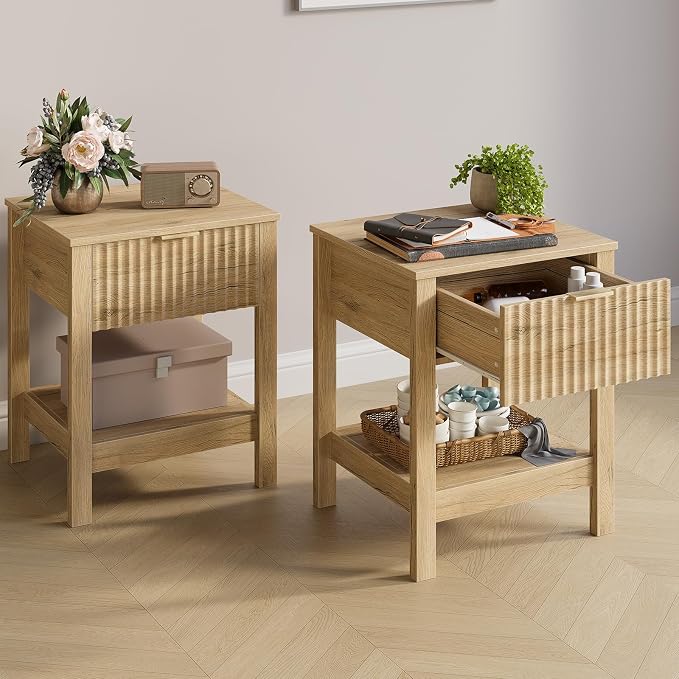 Fluted Night Stand with Golden Handle, Bedside Table with Storage Shelf - Image 7