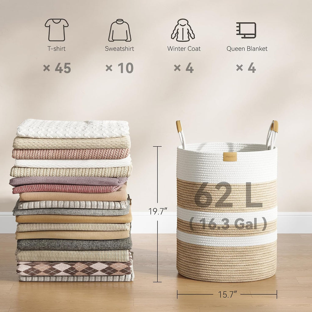 62L Striped Laundry Hamper with Leather Handles,Large Foldable Laundry